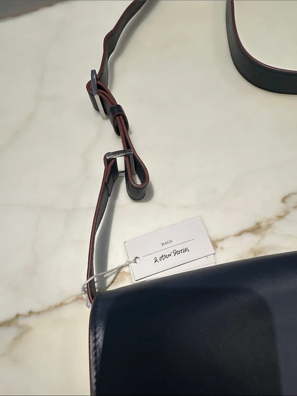 & Other Stories Navy Leather Messenger/Satchel Bag with Brown Trim